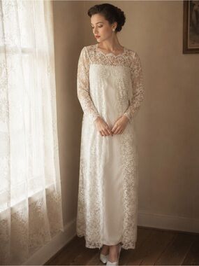 Vtg 60s/70s Lace A-Line Wedding Dress Size S